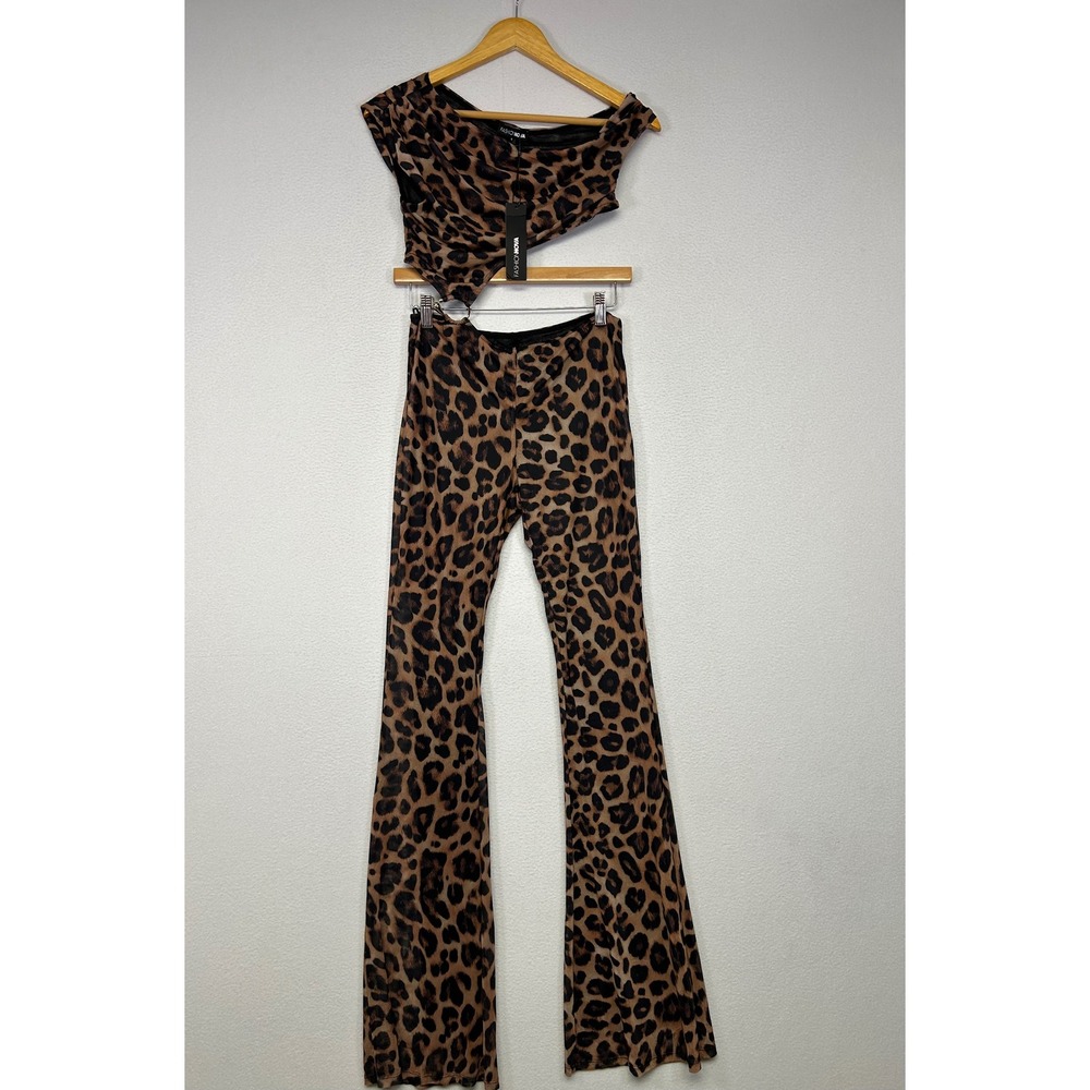 Y2K Baddie Fashion Nova Women Small Brown Leopard Print One Shoulder Pant Set